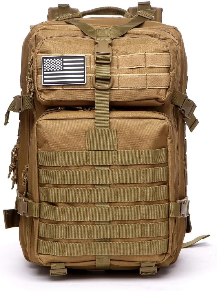 50L Sturdy Nylon Waterproof Fishing Hunting Backpack Outdoor Military Rucksacks Tactical Sports Camping Hiking (Khaki)