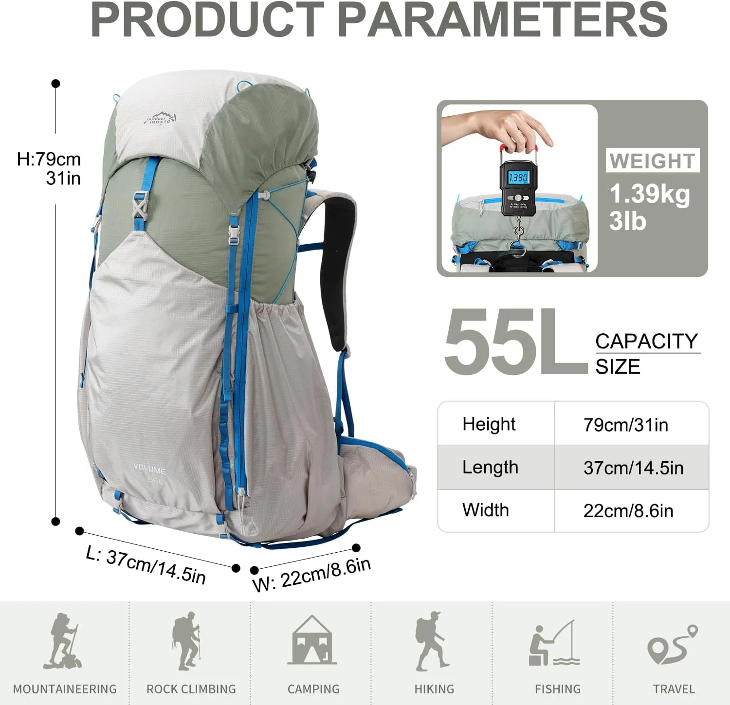 55L Internal Frame Waterproof Hiking Camping Backpack with 3L Water Bladder and Rain Cover, Large Lightweight Travel Daypack Rucksack for Climbing (8120 Light Gray)