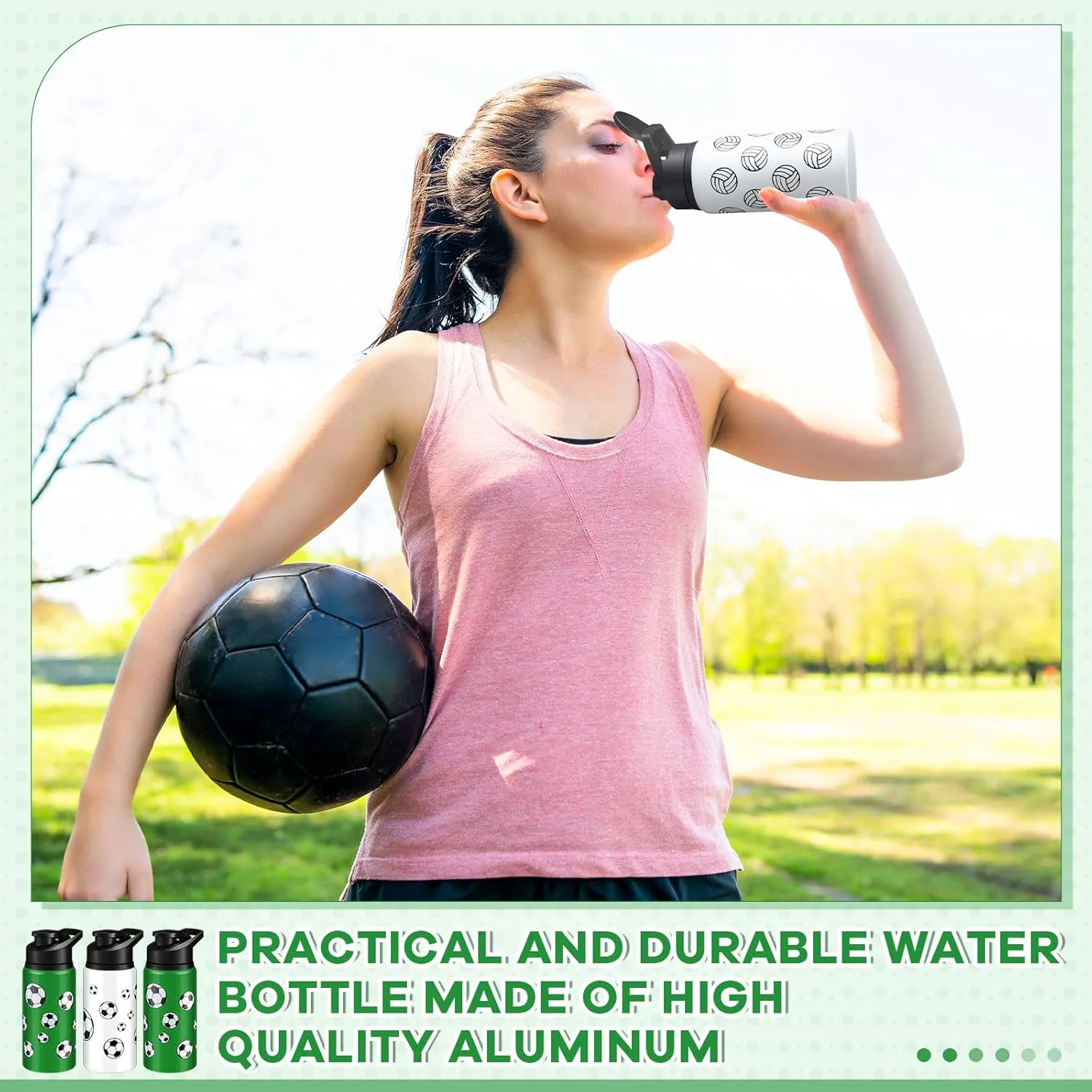 6 Pcs Aluminum Sports Water Bottle Bulk with Snap Lids, 17 oz Leakproof Reusable Cups, Metal Sports Bottle for Travel Gym Hiking Cycling Camping Bike Cages (Soccer)
