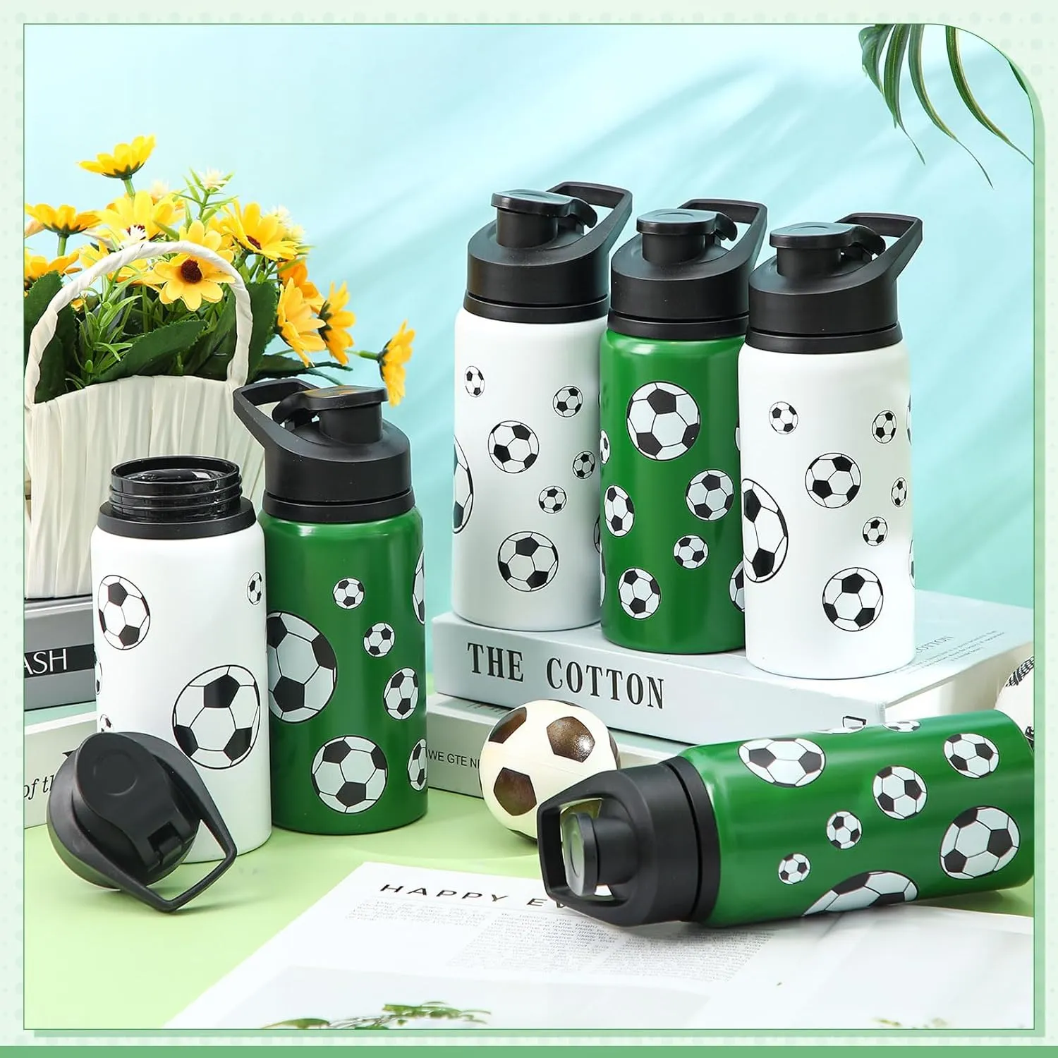 6 Pcs Aluminum Sports Water Bottle Bulk with Snap Lids, 17 oz Leakproof Reusable Cups, Metal Sports Bottle for Travel Gym Hiking Cycling Camping Bike Cages (Soccer)