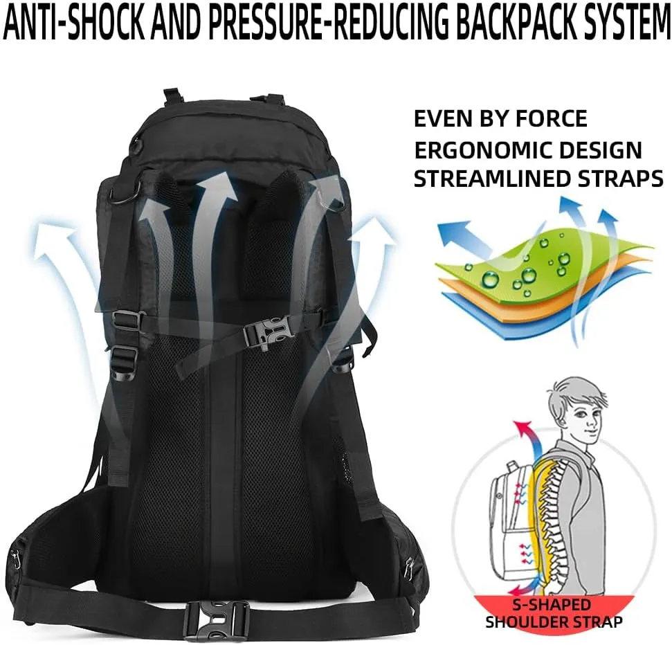 60L Hiking Backpack, Waterproof Camping Backpacking Backpack for Men Outdoor Traveling Climbing Daypack with Rain Cover (Black)