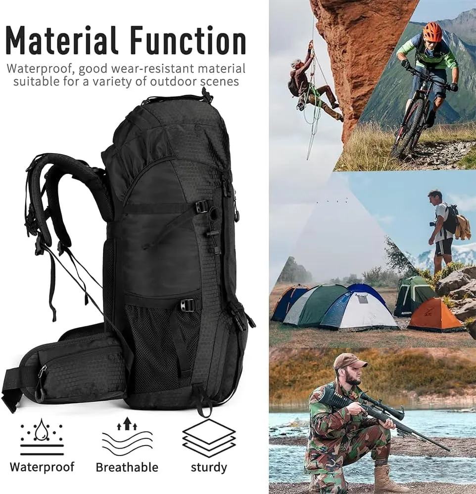 60L Hiking Backpack, Waterproof Camping Backpacking Backpack for Men Outdoor Traveling Climbing Daypack with Rain Cover (Black)