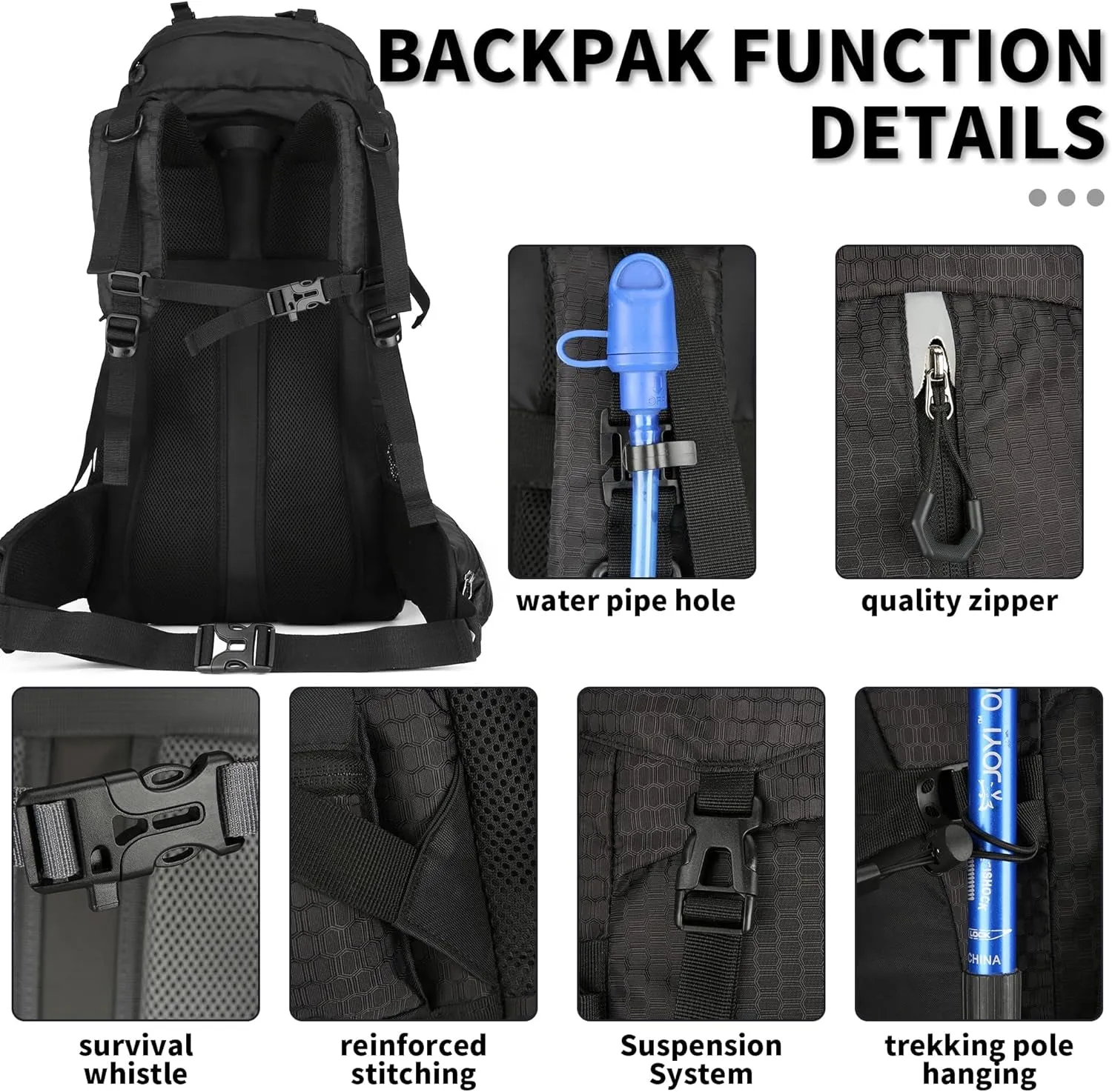 60L Hiking Backpack, Waterproof Camping Backpacking Backpack for Men Outdoor Traveling Climbing Daypack with Rain Cover (Black)