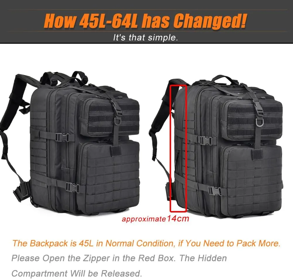 64L Large Tactical Backpack, Military Molle Bag for Hiking