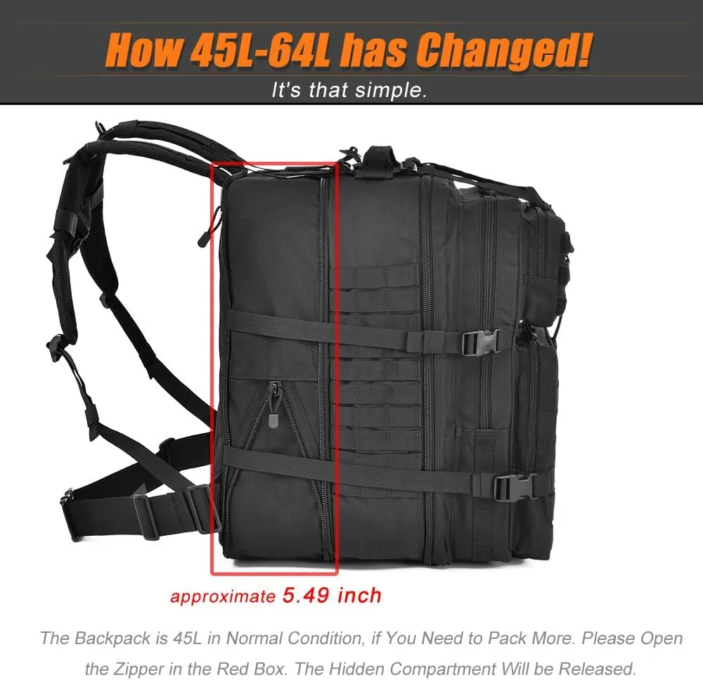 64L Large Tactical Backpack, Military Molle Bag for Hiking