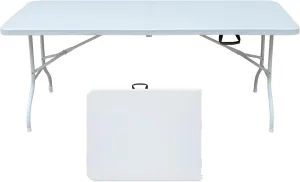 6ft Folding Table Portable Plastic with Carry Handle, Waterproof Top, Height Adjustable, Great for Camping and Parties, White