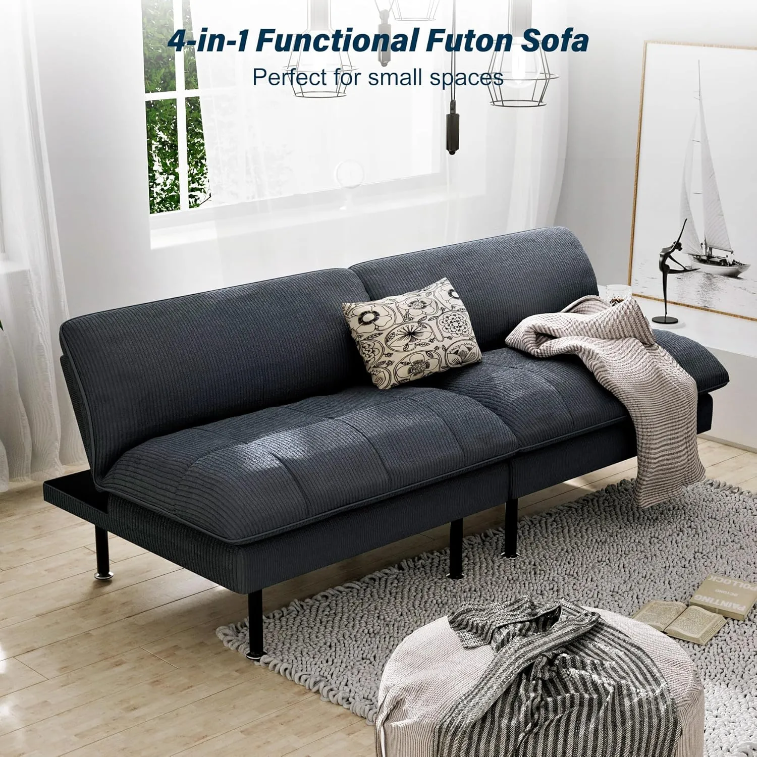 70" Futon Sofa Bed, 4 in 1 Multi-Function Couch Sleeper with Adjustable Backrest, Modern Convertible Futon, Recliner Small Loveseat for Living Room, Office, Grey