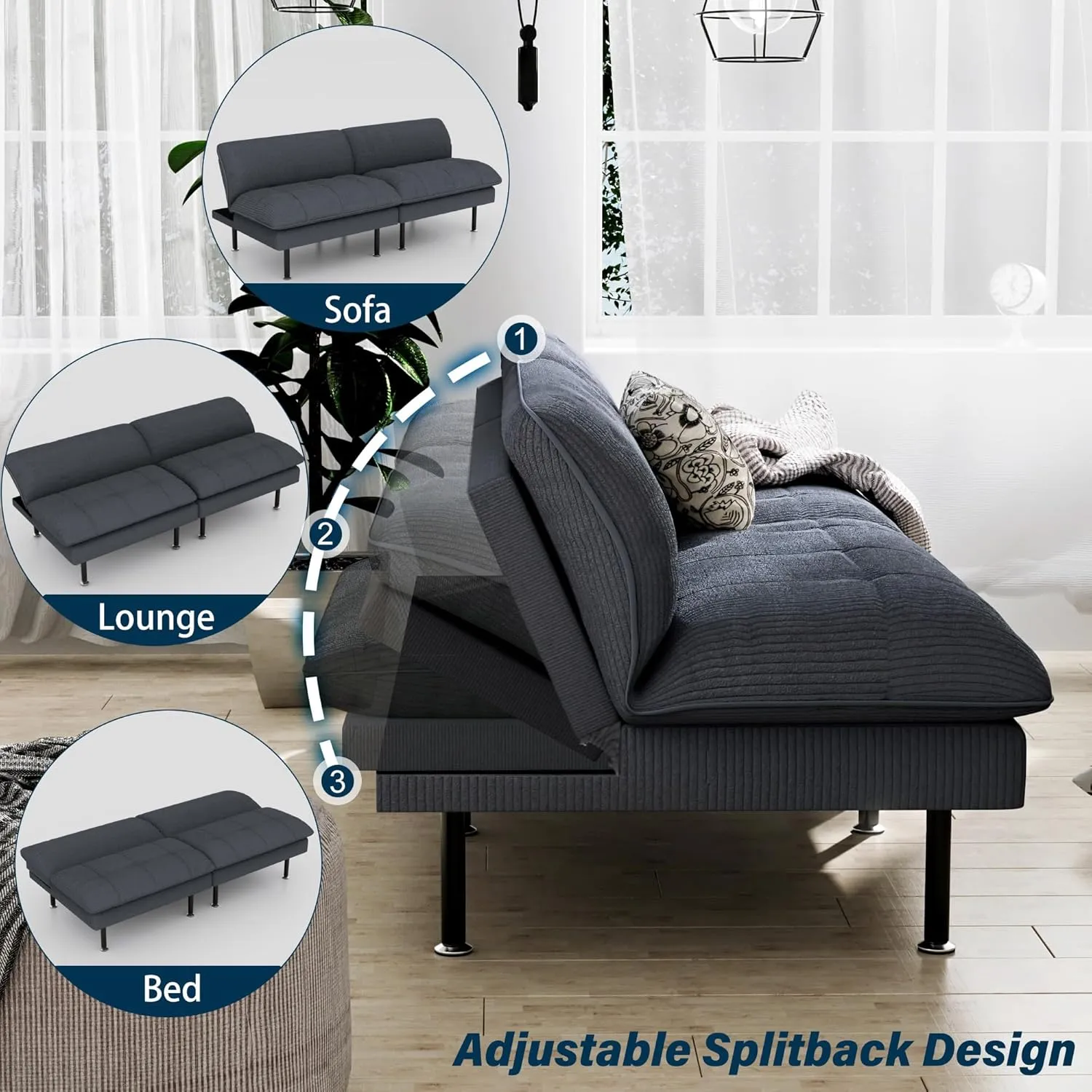 70" Futon Sofa Bed, 4 in 1 Multi-Function Couch Sleeper with Adjustable Backrest, Modern Convertible Futon, Recliner Small Loveseat for Living Room, Office, Grey