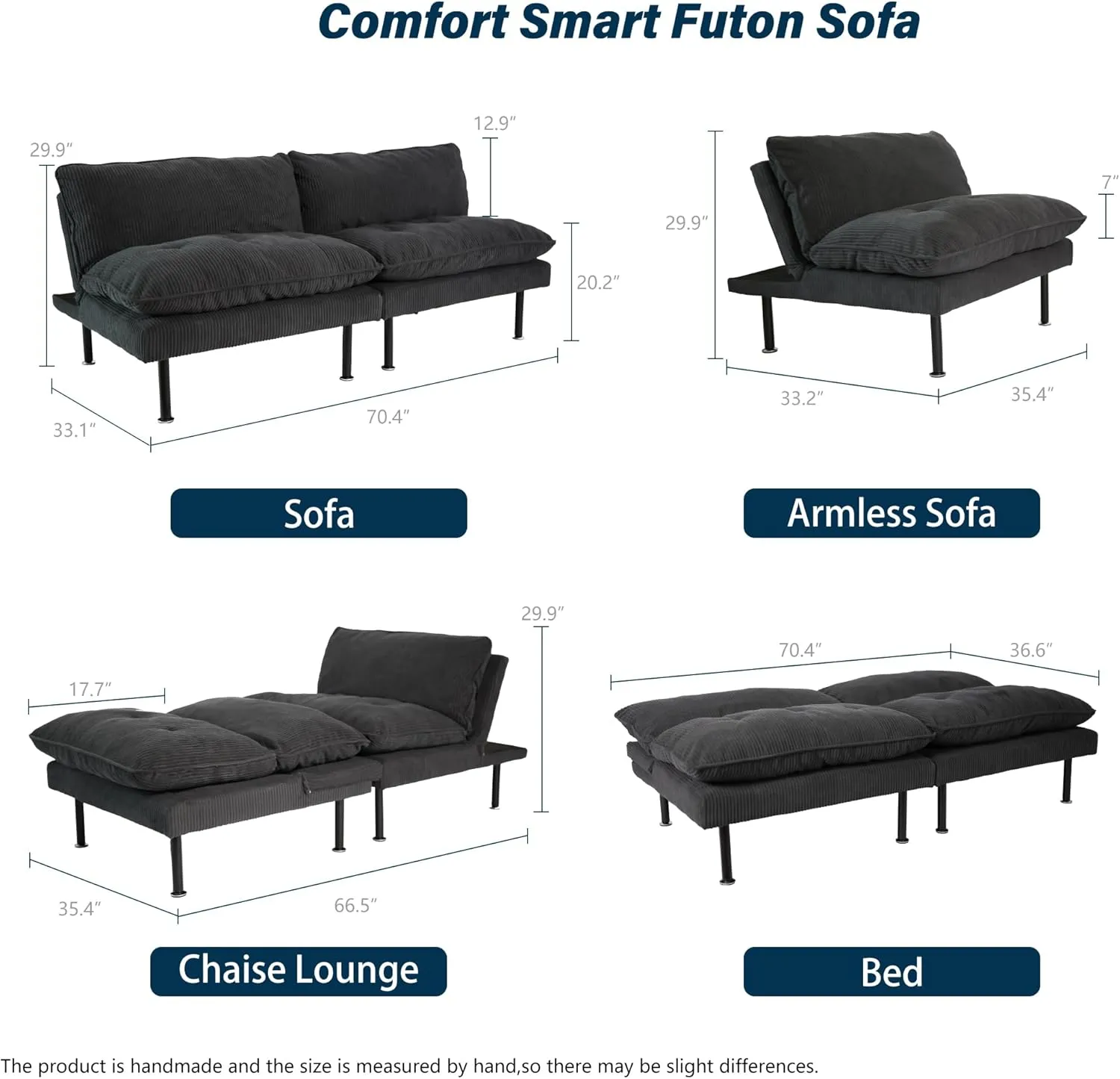 70" Futon Sofa Bed, 4 in 1 Multi-Function Couch Sleeper with Adjustable Backrest, Modern Convertible Futon, Recliner Small Loveseat for Living Room, Office, Grey