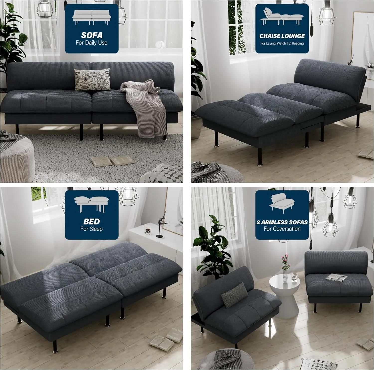70" Futon Sofa Bed, 4 in 1 Multi-Function Couch Sleeper with Adjustable Backrest, Modern Convertible Futon, Recliner Small Loveseat for Living Room, Office, Grey