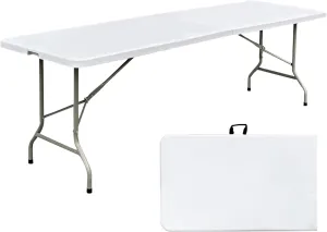 8 Foot Folding Table Portable Heavy Duty 8ft Plastic Foldable Table with Handle Indoor Outdoor White 8' Dining Table for Picnic, Party and Camping