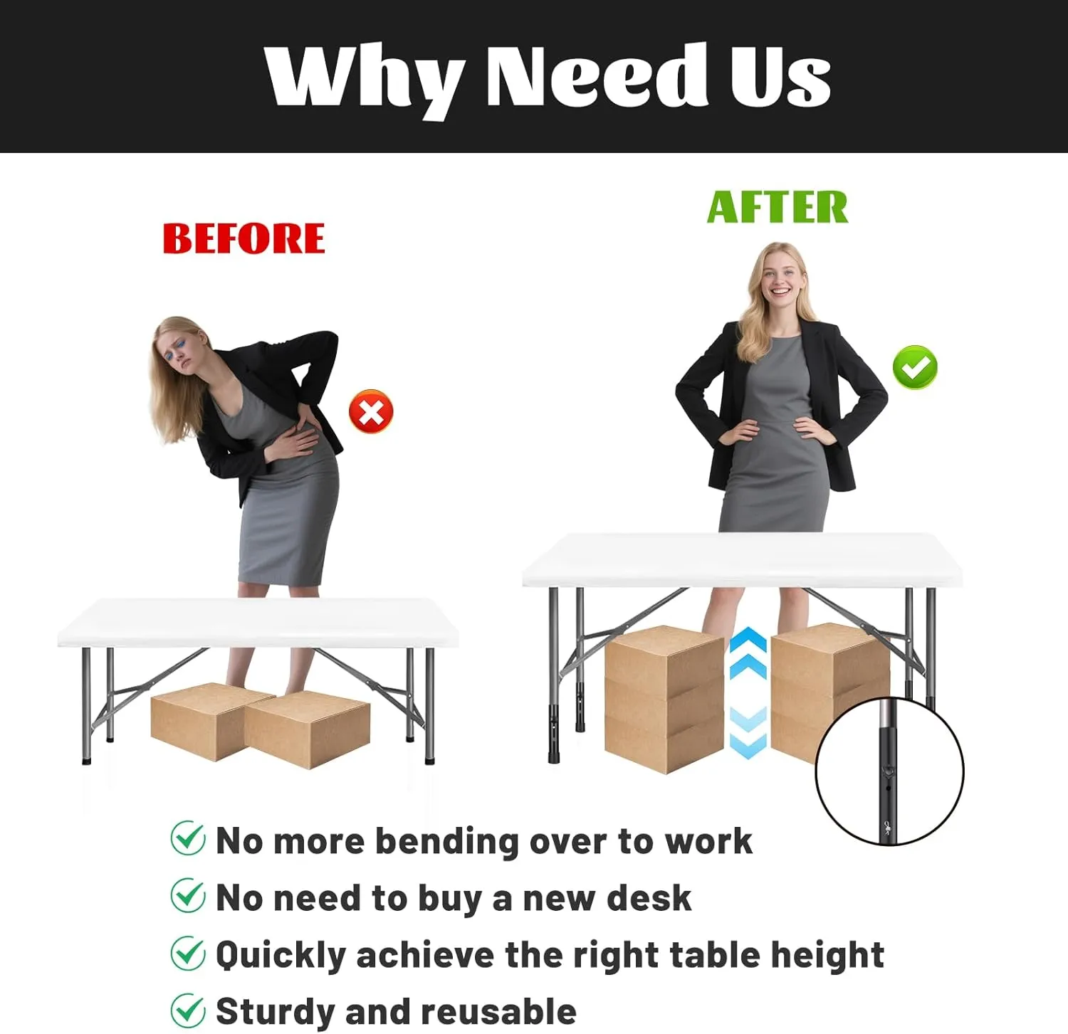 8-Pack Table Leg Extensions for Straight/Bent Folding Tables, Metal Extenders, Reduces Stooped Work, 2 Levels/Heights Adjustable Risers (3.6"/ 5.2")