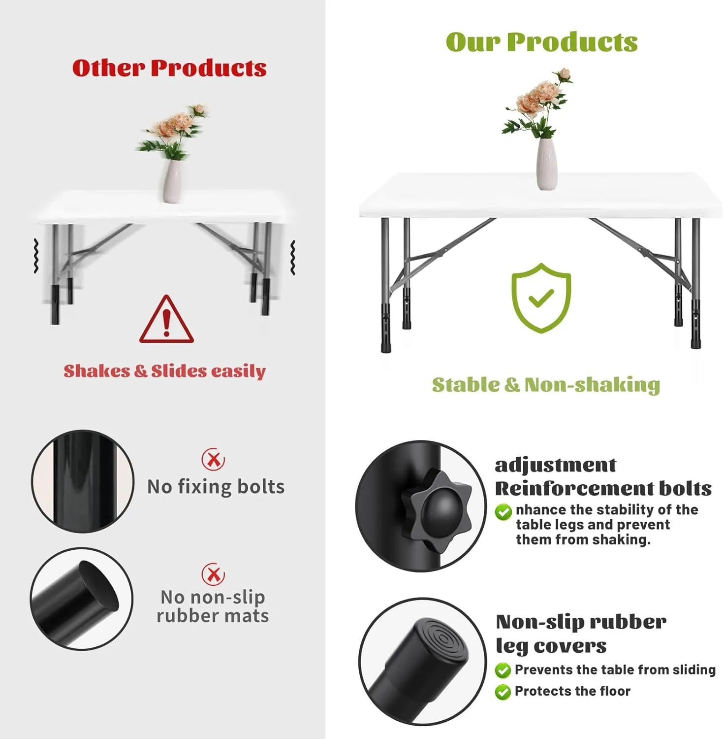 8-Pack Table Leg Extensions for Straight/Bent Folding Tables, Metal Extenders, Reduces Stooped Work, 2 Levels/Heights Adjustable Risers (3.6"/ 5.2")