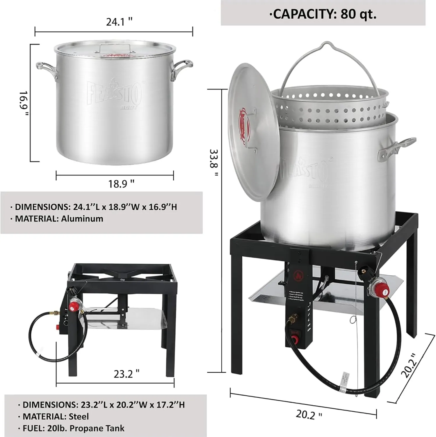 80QT Outdoor Propane Aluminum Boiling Pot with Basket, Crab Steaming, Crawfish Boil, Seafood Boil Pot, Crawfish Cooker, Low Country Boil Pot, Non-Assembly Frame Stand, CSA Certified