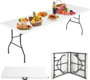 8FT Plastic Camping Table Foldable Outdoor Dining Table Portable Party Table with Carrying Handle for Parties Wedding BBQ Camping Dining Kitchen,White