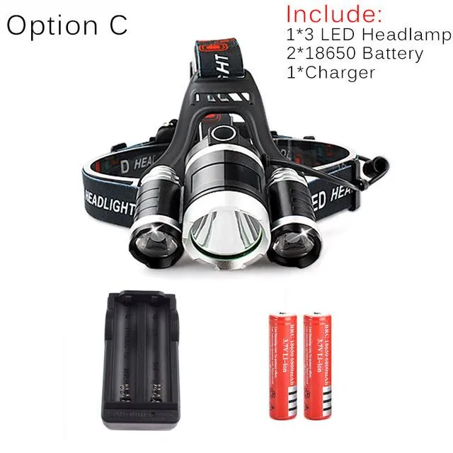 9000LM 3 XML T6 LED Headlamp Rechargeable Cycling Headlight 4Mode 18650 Battery Head Lamp Light Torch Camping Fishing Flashlight