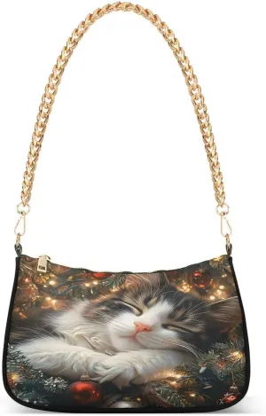 ALAZA Cat Sleeping Christmas Chian Shoulder Bag Handbags Tote Mini Clutch Purse Hobo Bag with Zipper Closure for Women