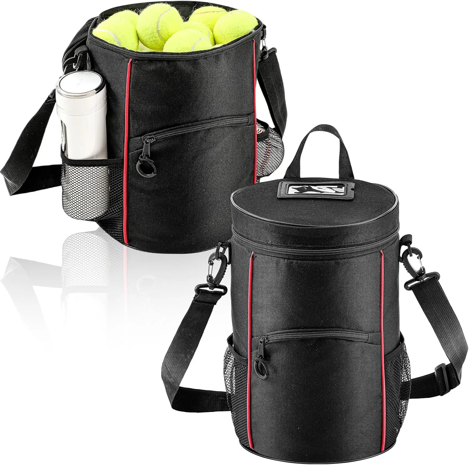 Aliceset 2 Pcs Tennis Ball Bag Holder High Capacity Lacrosse Ball Bag Baseball Bucket Hopper with Multiple Pockets and Portable Shoulder Strap for Baseball Lacrosse Golf Table Tennis Training