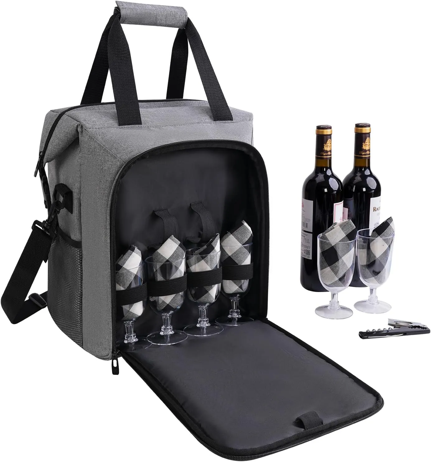 ALLCAMP 6 Bottle Wine Tote Bag with Cooler Compartment，Picnic Set Carrying Two Sets of Tableware（Gray）