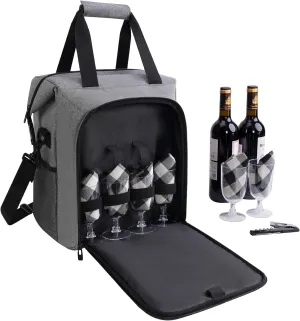 ALLCAMP 6 Bottle Wine Tote Bag with Cooler Compartment，Picnic Set Carrying Two Sets of Tableware（Gray）