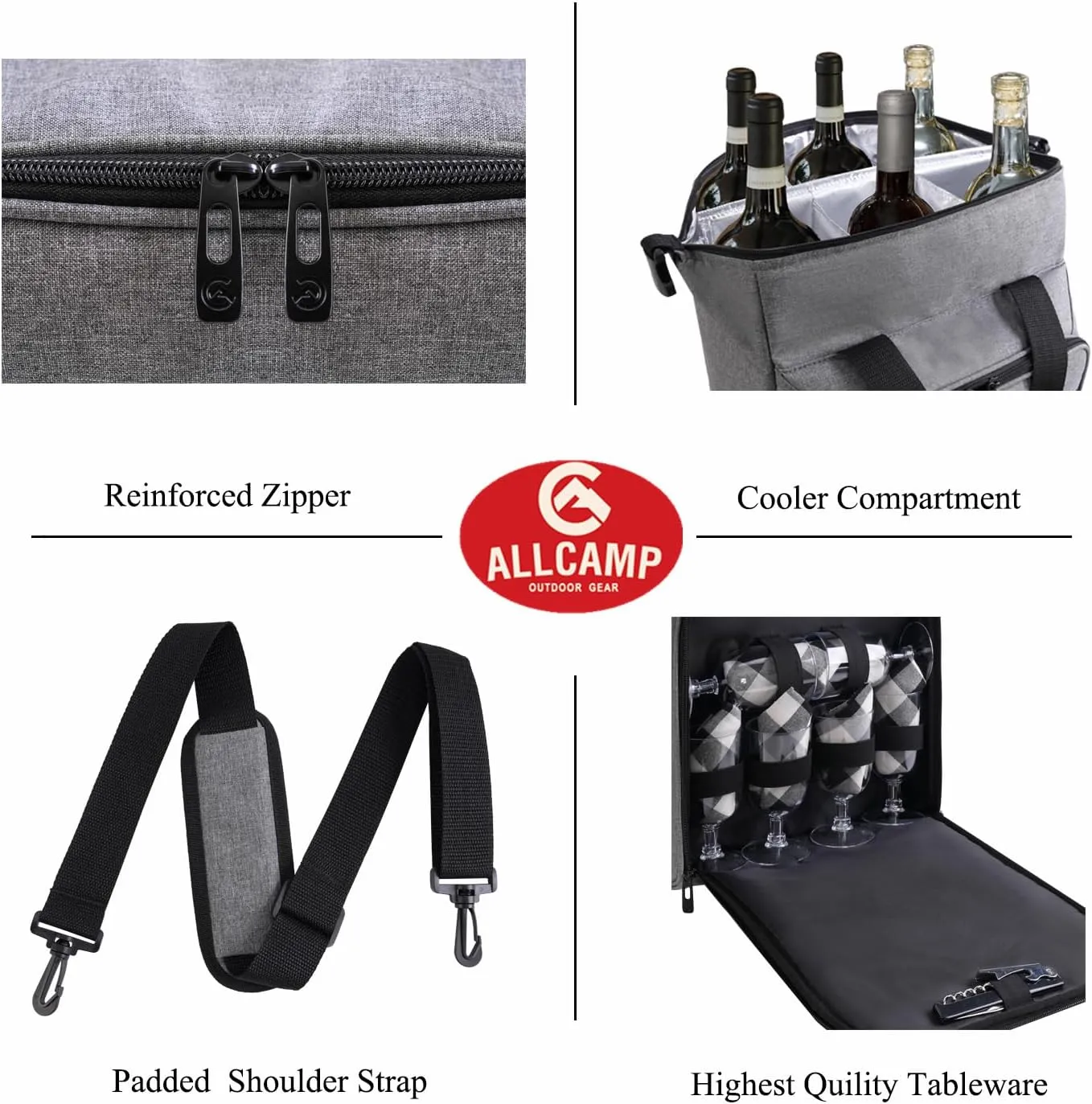 ALLCAMP 6 Bottle Wine Tote Bag with Cooler Compartment，Picnic Set Carrying Two Sets of Tableware（Gray）