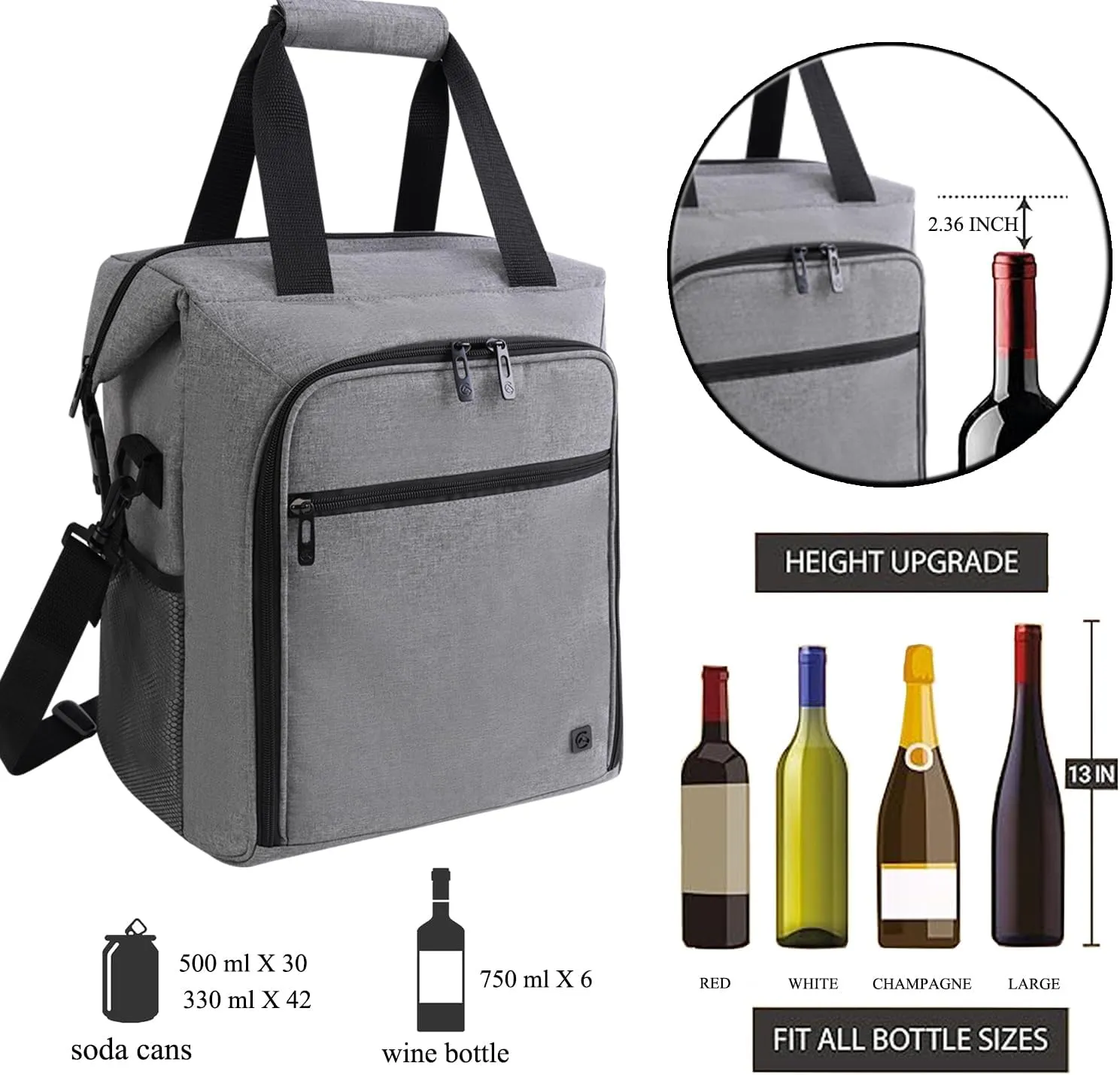 ALLCAMP 6 Bottle Wine Tote Bag with Cooler Compartment，Picnic Set Carrying Two Sets of Tableware（Gray）