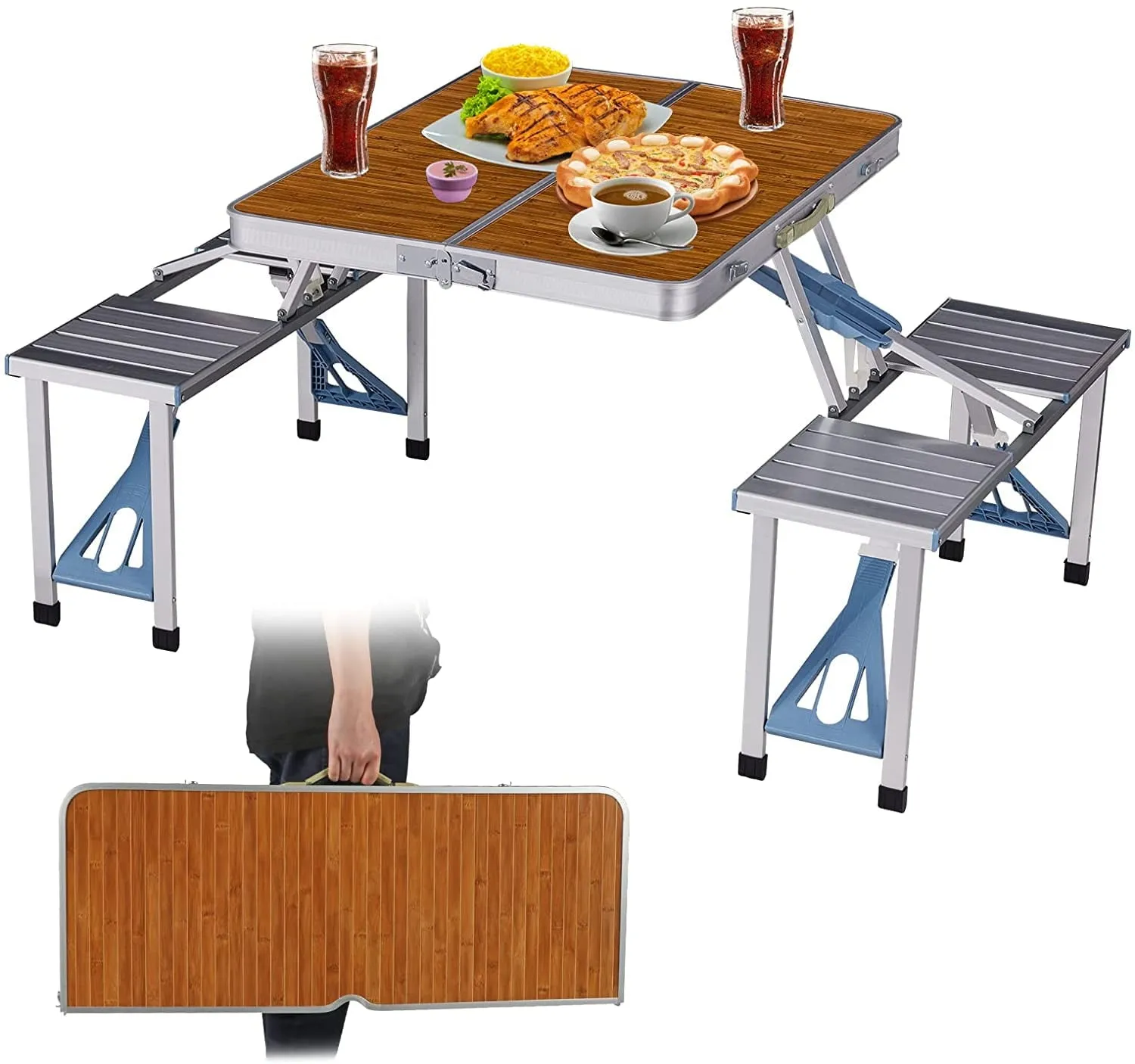 Aluminum Portable Folding Picnic Table – Wooden Style 4-Person Travel Table