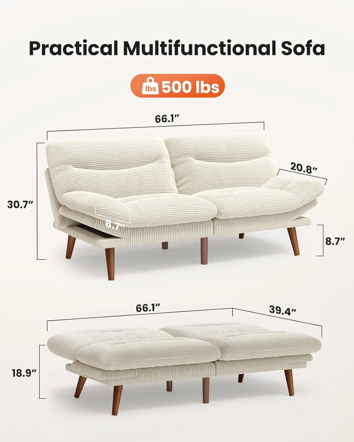 AMADA HOMEFURNISHING Futon Sofa Bed with Adjustable Backrest & Armrests, Convertible Futon Sofa Couch for Small Spaces, Living Room or Office, Corduroy Futon Sofa Bed(White)