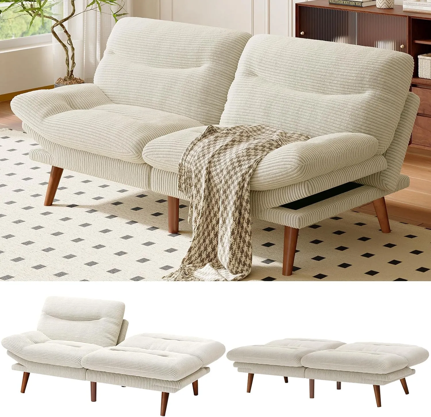 AMADA HOMEFURNISHING Futon Sofa Bed with Adjustable Backrest & Armrests, Convertible Futon Sofa Couch for Small Spaces, Living Room or Office, Corduroy Futon Sofa Bed(White)