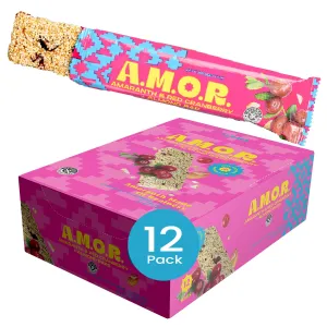 AMOR Amaranth Plant Based Snacks - Superfood Vegan Bars with Probiotics - Low Glycemic, Low Sugar, High Fiber Foods with Vitamins & Minerals - Gluten Free Nutrition Bar - Cranberry Almond 12 Pack
