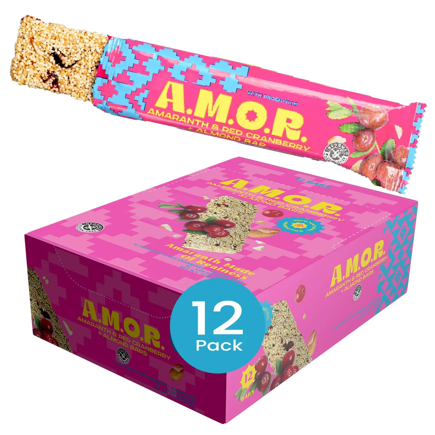 AMOR Amaranth Plant Based Snacks - Superfood Vegan Bars with Probiotics - Low Glycemic, Low Sugar, High Fiber Foods with Vitamins & Minerals - Gluten Free Nutrition Bar - Cranberry Almond 12 Pack