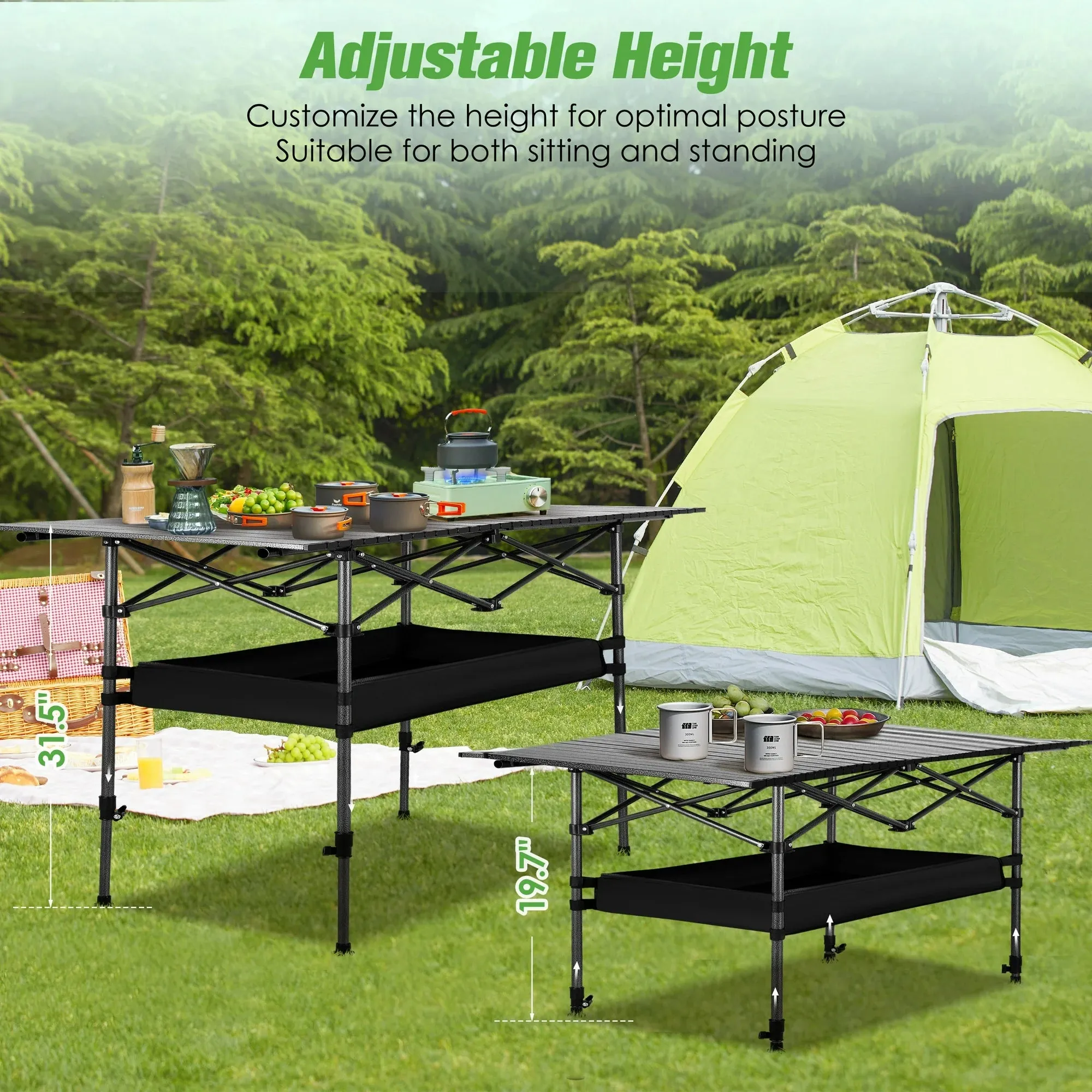 AMTPM Folding Camping Table with Aluminum Construction, Portable Table for 4-6 People,Roll-up BBQ Table with Height Adjustable, Mesh Storage Basket, Perfect for Camping/Picnics/Home Use.