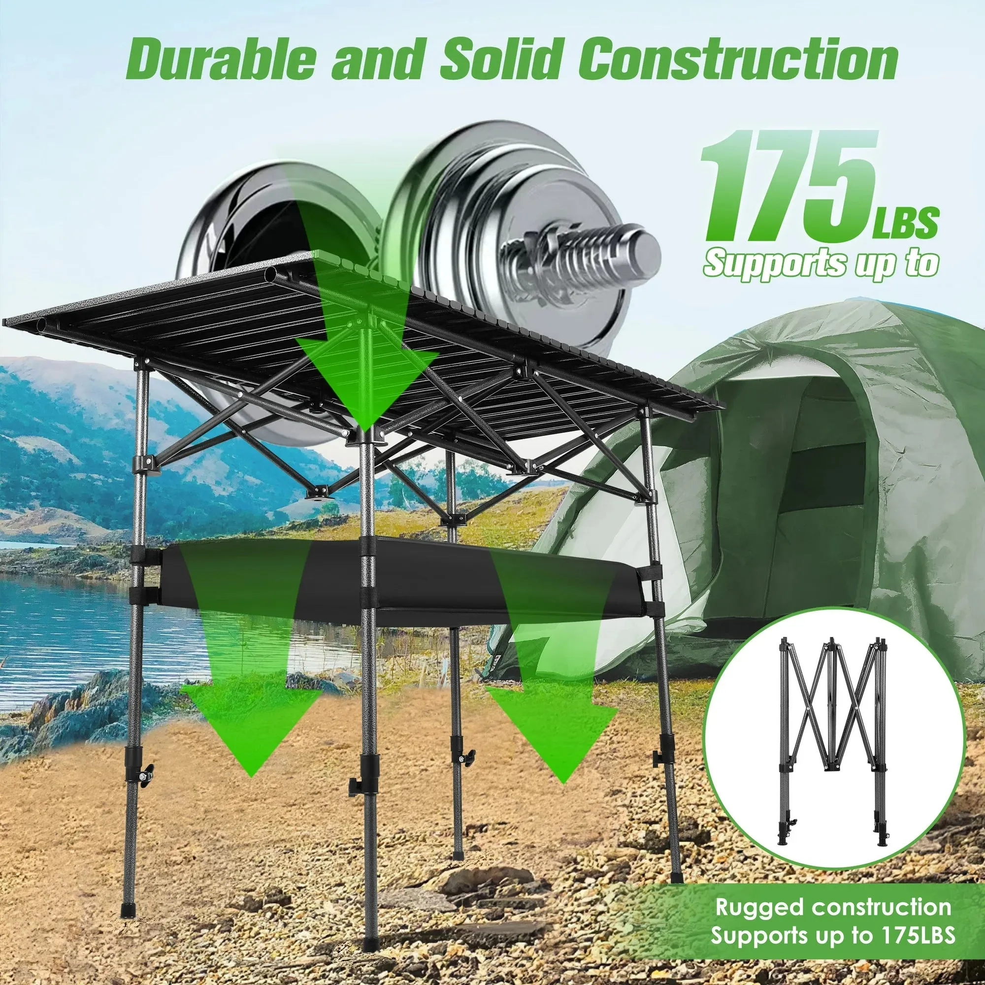 AMTPM Folding Camping Table with Aluminum Construction, Portable Table for 4-6 People,Roll-up BBQ Table with Height Adjustable, Mesh Storage Basket, Perfect for Camping/Picnics/Home Use.