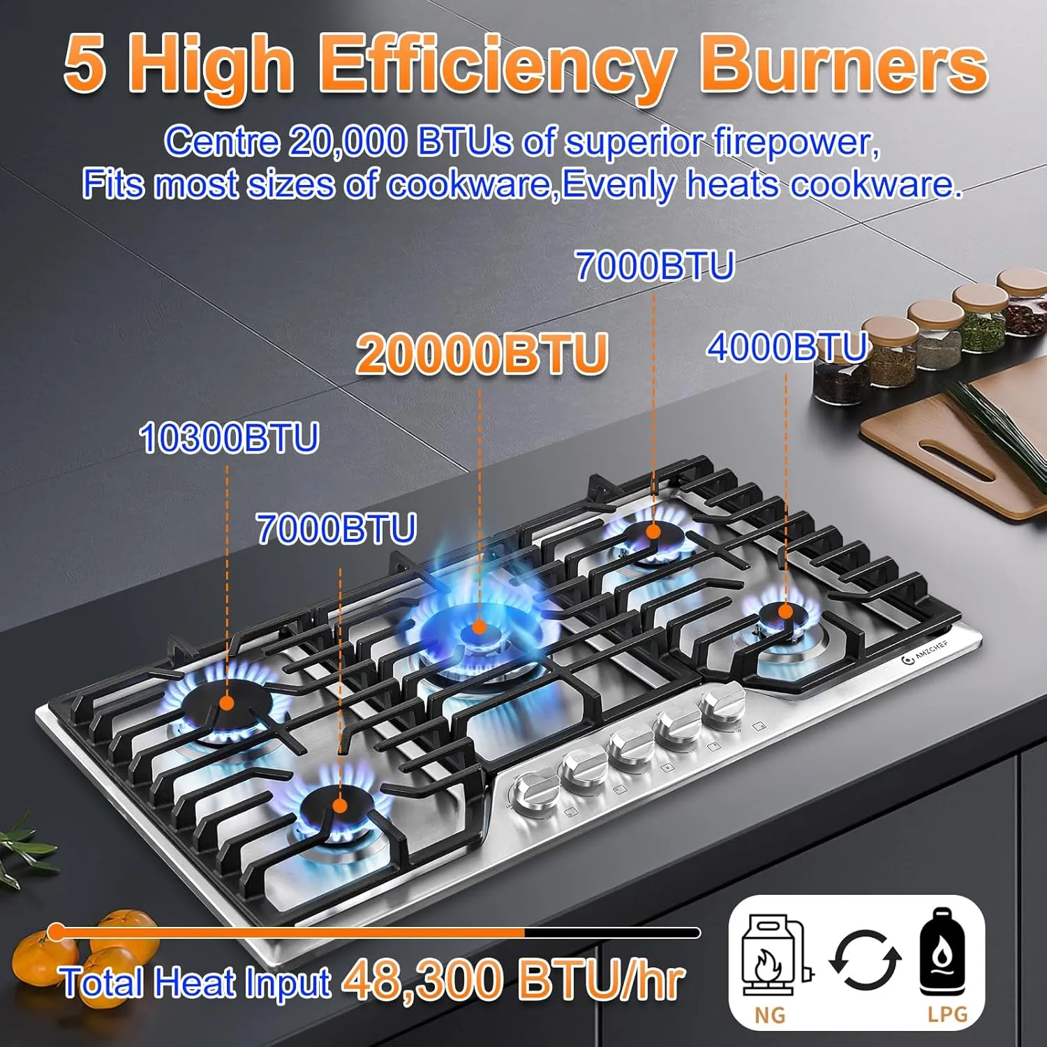 AMZCHEF 36 inch Gas Cooktop with 5 Made in Italy SABAF Power Burners.Max 48300 BTU/hr Built-in Gas Stove top of 304 Stainless steel with Double Sided griddle,NG/LPG Convertible,ETL.
