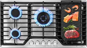 AMZCHEF 36 inch Gas Cooktop with 5 Made in Italy SABAF Power Burners.Max 48300 BTU/hr Built-in Gas Stove top of 304 Stainless steel with Double Sided griddle,NG/LPG Convertible,ETL.