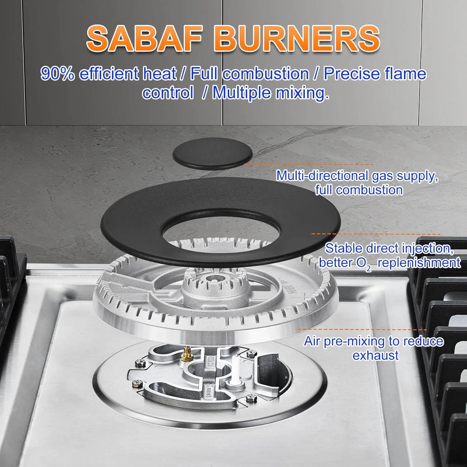 AMZCHEF 36 inch Gas Cooktop with 5 Made in Italy SABAF Power Burners.Max 48300 BTU/hr Built-in Gas Stove top of 304 Stainless steel with Double Sided griddle,NG/LPG Convertible,ETL.
