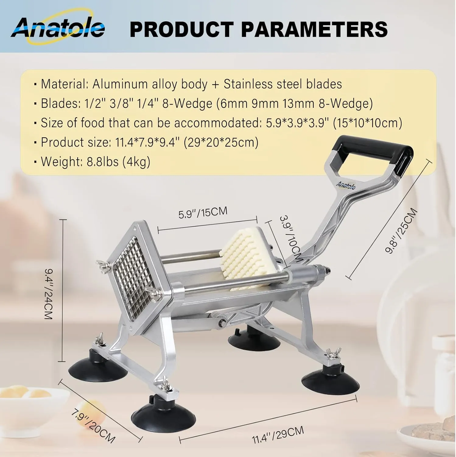 Anatole Commercial French Fry Cutter with 1/2'' 3/8'' 1/4'' 8-Wedge Stainless Steel Blades Professional Potato Cutter Dicer Manual Vegetable Chopper with Suction Cups for Carrot Cucumber Onion