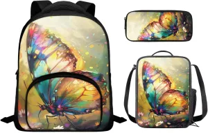 Art Butterfly School Bag Set for Girls 3-5 Personalised Backpack Set with Lunch Case Muilt Pencil Pouch Gift Choice for Children On Back To School, Birthday, New Year, Christmas