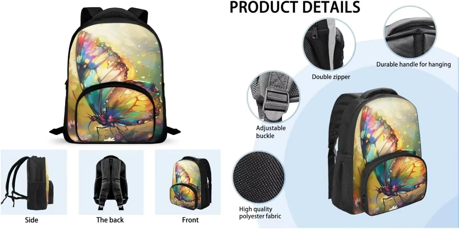 Art Butterfly School Bag Set for Girls 3-5 Personalised Backpack Set with Lunch Case Muilt Pencil Pouch Gift Choice for Children On Back To School, Birthday, New Year, Christmas