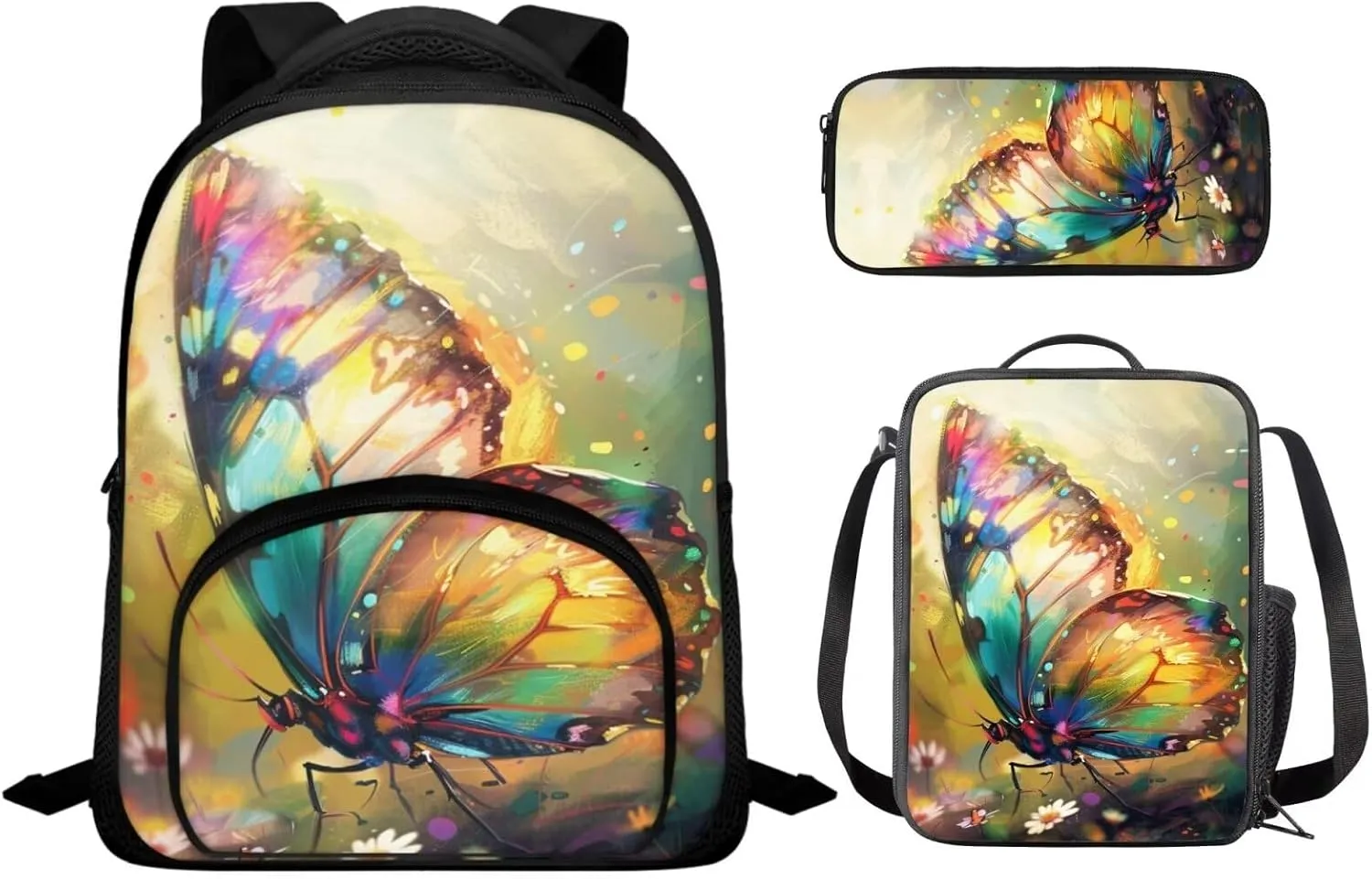 Art Butterfly School Bag Set for Girls 3-5 Personalised Backpack Set with Lunch Case Muilt Pencil Pouch Gift Choice for Children On Back To School, Birthday, New Year, Christmas