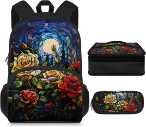 Artsy Rose Kids Backpack and Lunch Box Set Boys Girls 9-10, 3 In 1 Primary Middle School Backpack Matching Combo Large Capacity Lightweight Bookbag and Pencil Case Bundle
