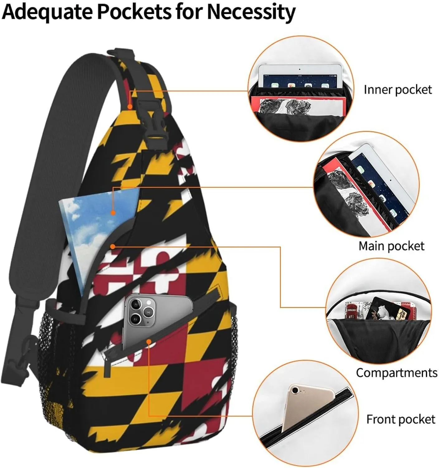 ASYG Cute Maryland Flag Sling Backpack, Multipurpose Maryland Crossbody Shoulder Bag Travel Hiking Daypack for Men Women
