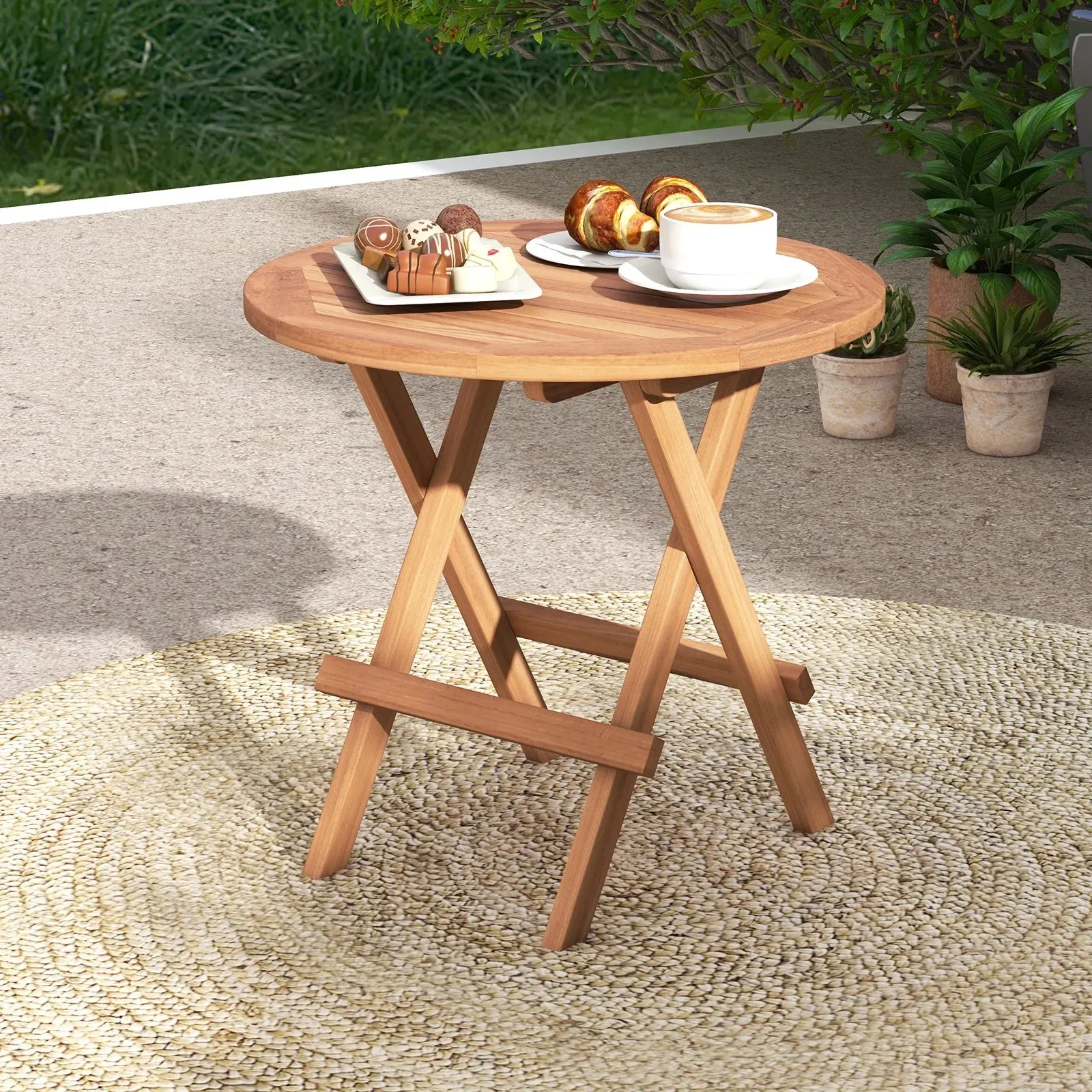 Auction Deal -Portable Teak Round Folding Side Table for Outdoor Patio