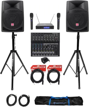 Audiosavings Bundle: (2) Rockville RPG12 12" 800W Powered Speakers (1) Mackie Mix12FX 12-Ch Mixer (2) Adjustable Tripod Stands (1) RWM1203VH Dual Mic System (2) RCXMB20B 20' Cables (7 Items)