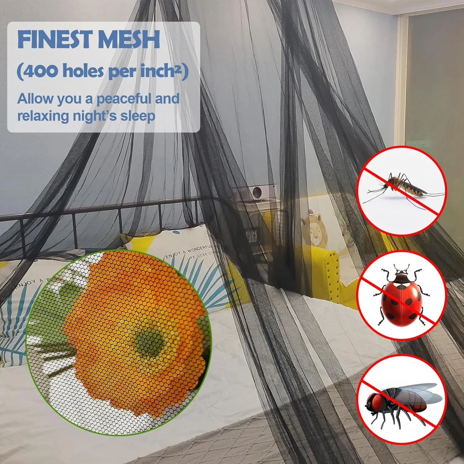 Aventik EDSRDLUZ 400 Fine Meshes Luxury Mosquito Net for Queen to King-Sized Beds, 2 Side Openings, Insect Bug Protection Bed Canopy Ideal for Home Travel, Free Bag, Hanging Kit for Easy Setup