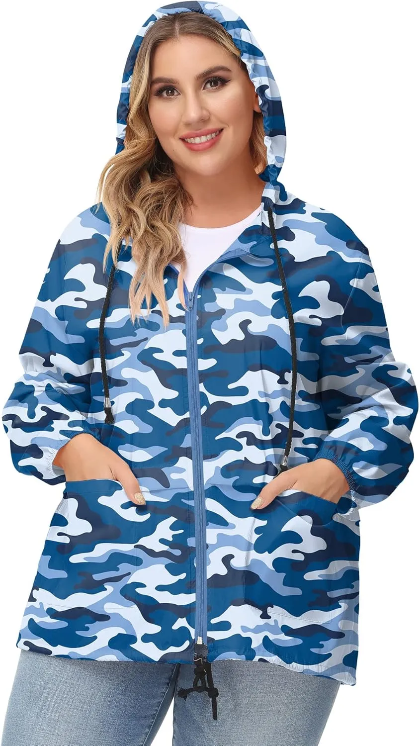 Avoogue Plus Size Raincoat Women Waterproof Rain Jacket Packable Outdoor Hooded Windbreaker