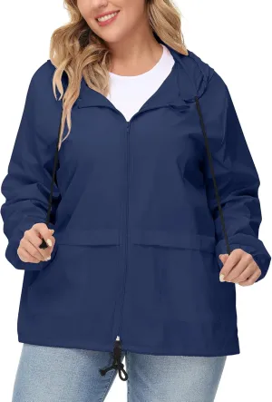 Avoogue Plus Size Raincoat Women Waterproof Rain Jacket Packable Outdoor Hooded Windbreaker