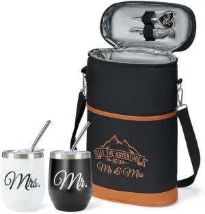 AW BRIDAL 15 Oz/ 2 Pack Insulated Stemless Wine Tumbler Glasses with Lids and Black Wine Cooler Bag, Coffee, Drinks, Engagement Wedding Gifts for Couples, Mr and Mrs Gifts