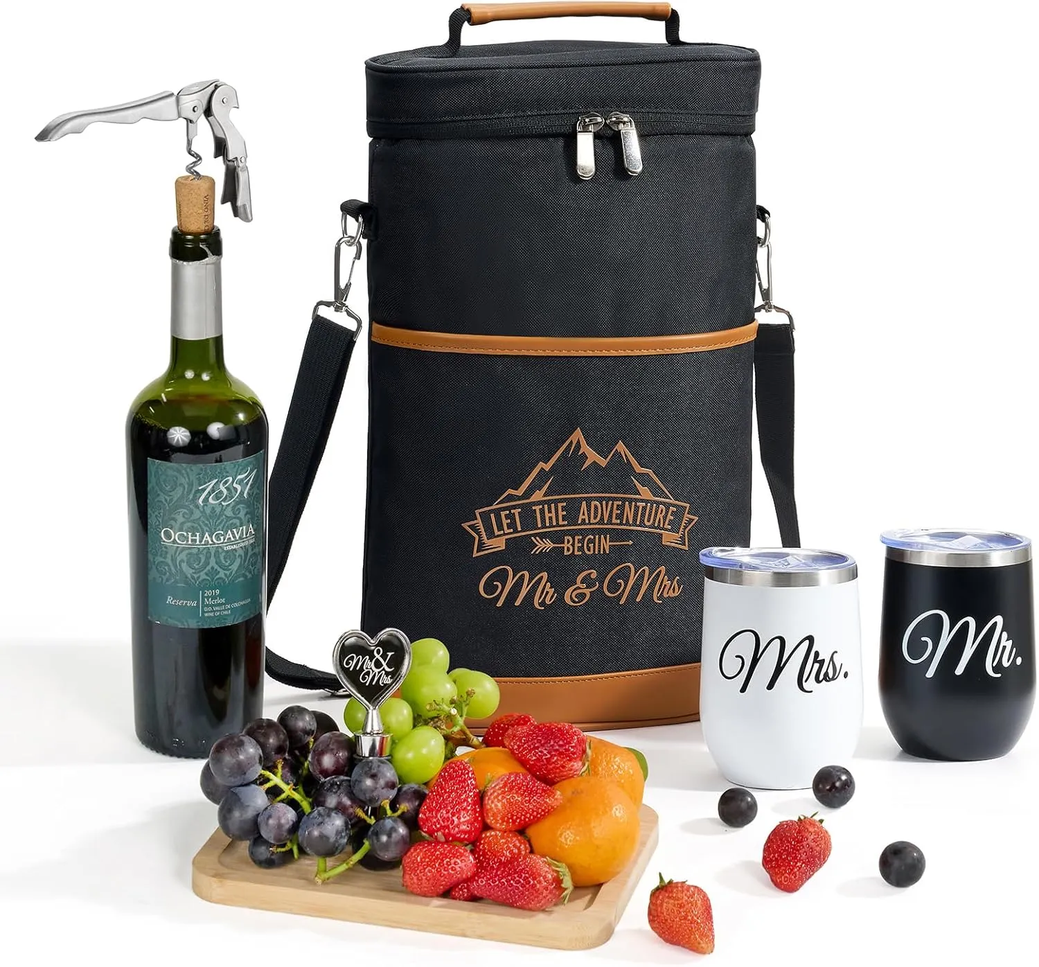 AW BRIDAL 15 Oz/ 2 Pack Insulated Stemless Wine Tumbler Glasses with Lids and Black Wine Cooler Bag, Coffee, Drinks, Engagement Wedding Gifts for Couples, Mr and Mrs Gifts