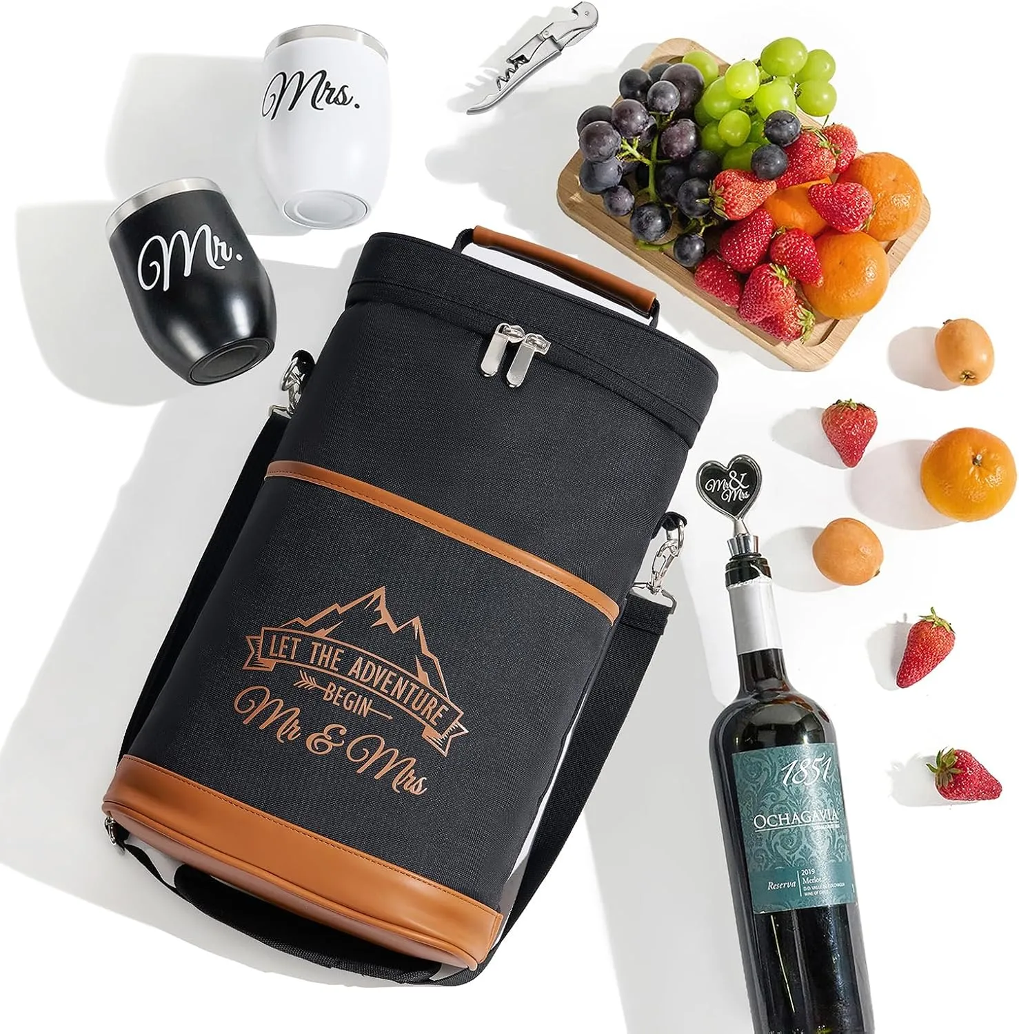 AW BRIDAL 15 Oz/ 2 Pack Insulated Stemless Wine Tumbler Glasses with Lids and Black Wine Cooler Bag, Coffee, Drinks, Engagement Wedding Gifts for Couples, Mr and Mrs Gifts